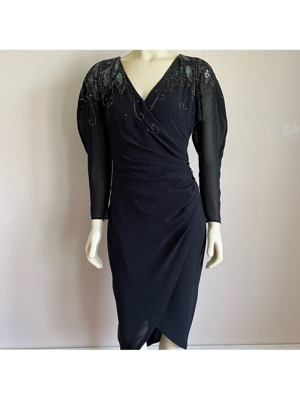 Vintage Women’s Casadei Eletra Cocktail Dress Black Sequins Beads Faux Wrap S